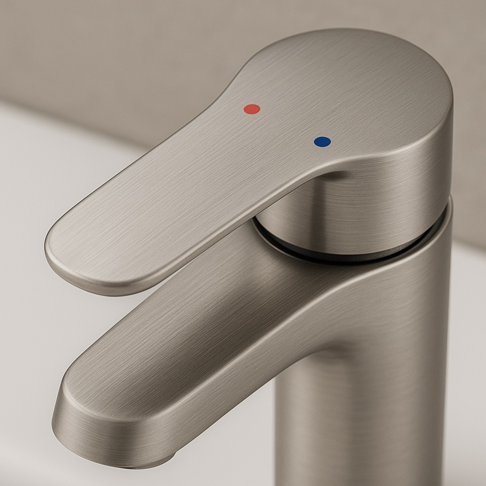 Single handle bathroom sink faucet with modern spout and side lever handle